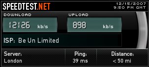 screenshot of our connection speed, 12MB down and 1MB up